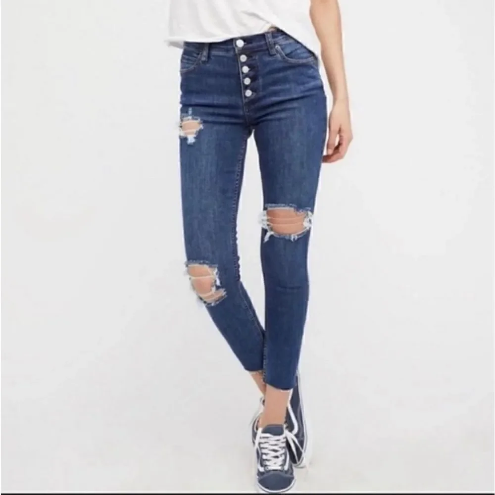 Free People Button Fly Raw Edge Hem Distressed Jeans